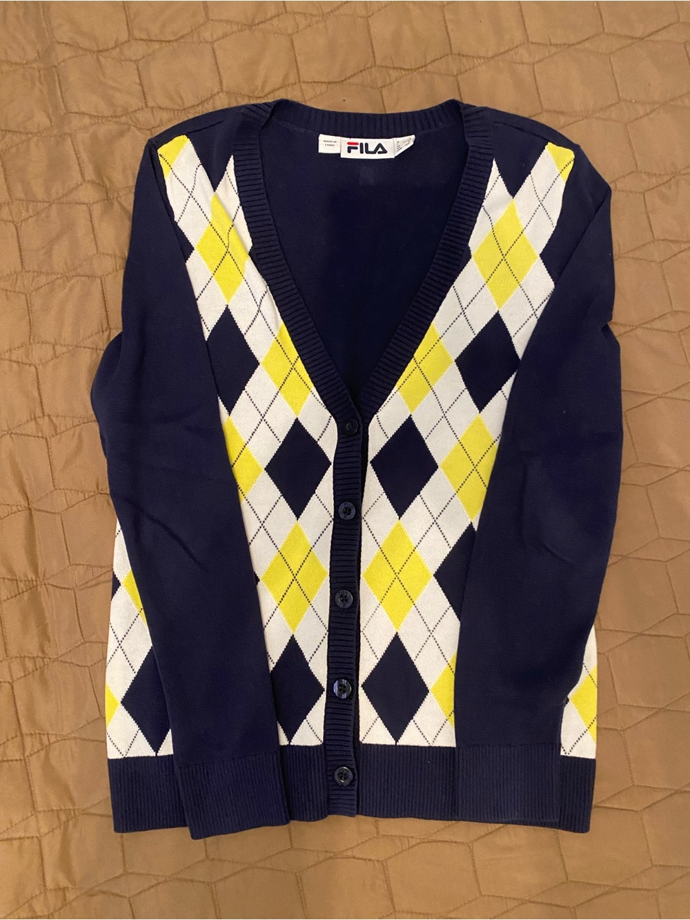 Fila size S Navy Cardigan with Yellow and White Argyle